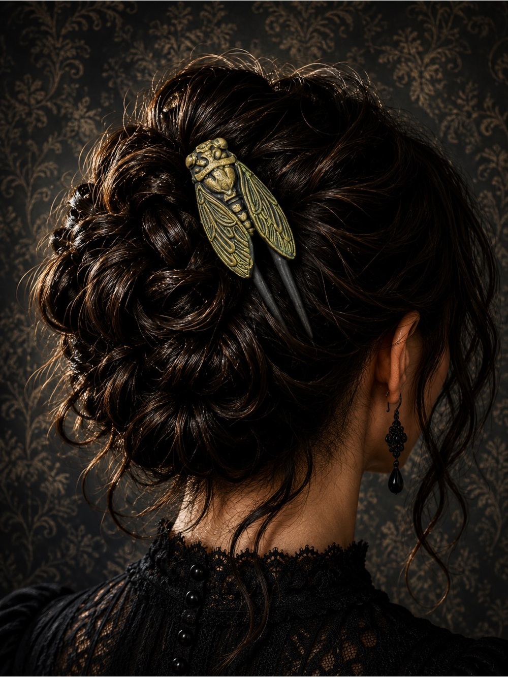 Cicada Hair Sticks - Olive Green & Antique Gold Accents